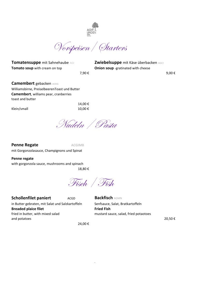 Speisekarte Seite 1