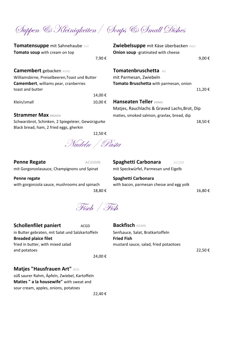 Speisekarte Seite 1